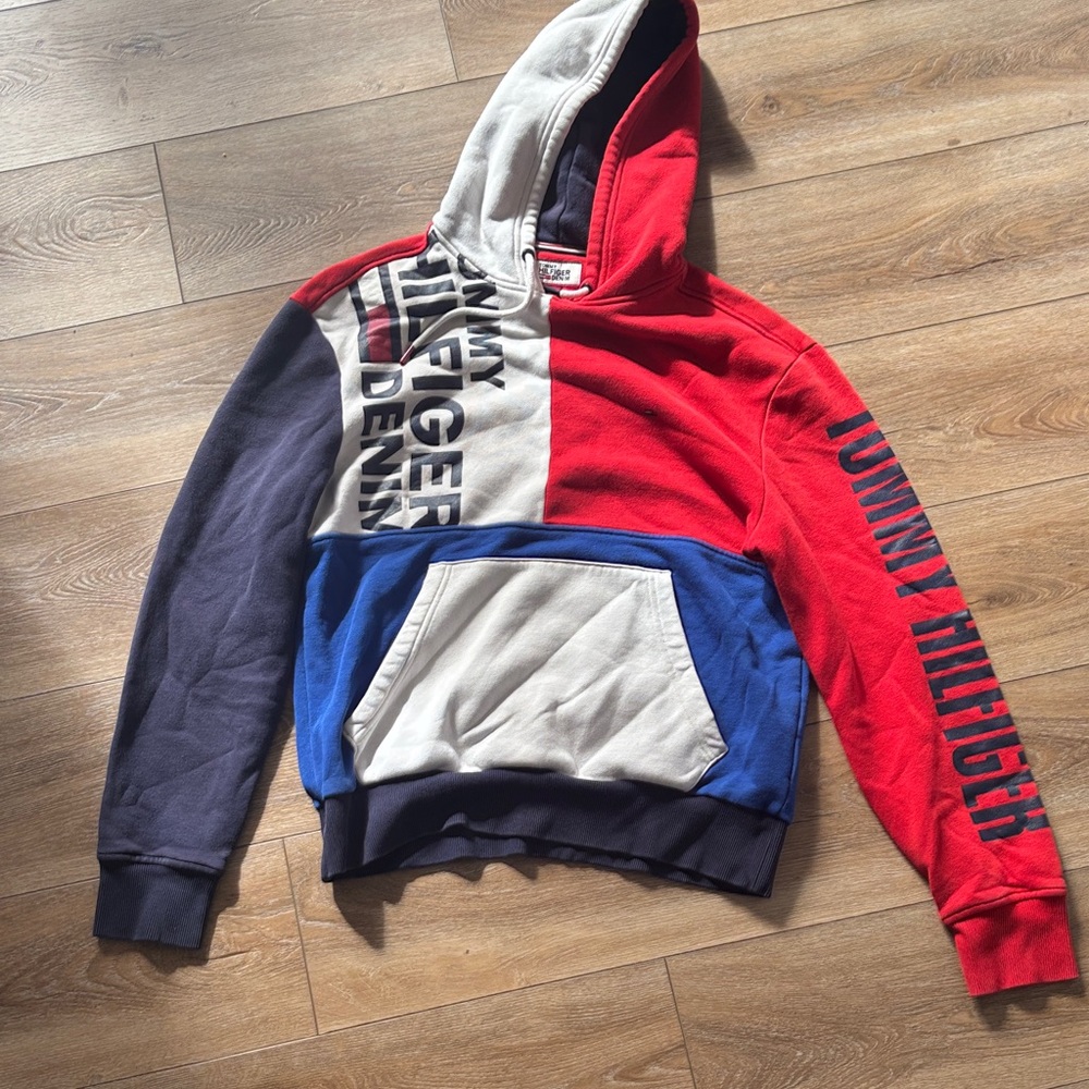 Tommy Hilfiger Men's Red, Blue, and Gray Hoodie